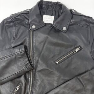 Zara Womens Sz 13-14 164cm Black Faux Leather Moto Biker Jacket Asymmetric Zip